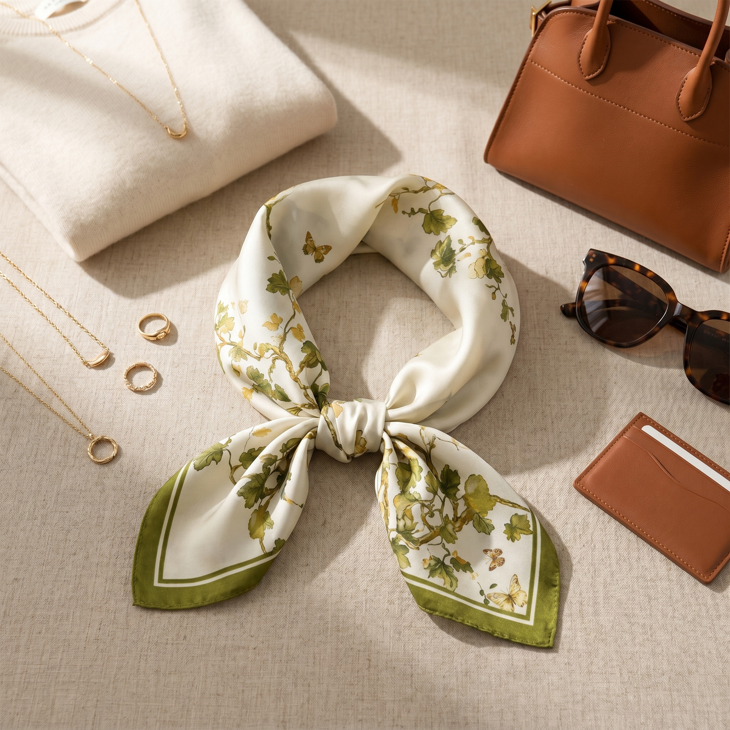 Roselys Paris foulard femme crème vert fleuri carré satiné 70x70 cm, porté au cou