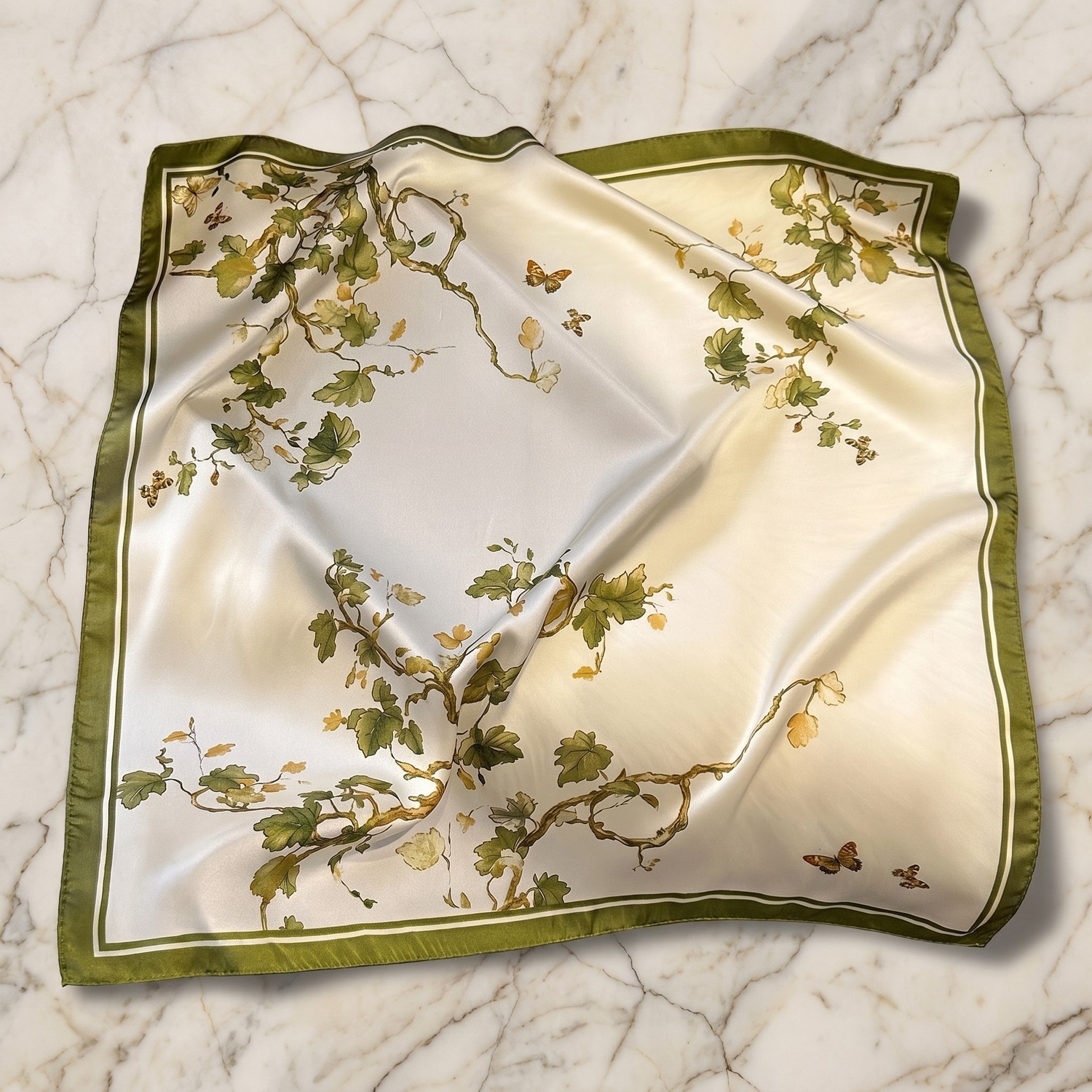 Roselys Paris foulard femme crème vert fleuri carré satiné 70x70 cm