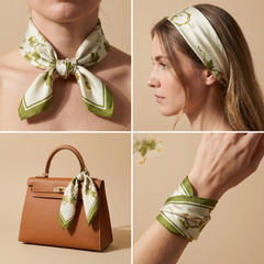 Roselys Paris foulard femme crème vert fleuri carré satiné 70x70 cm, en bandeau dans les cheveux