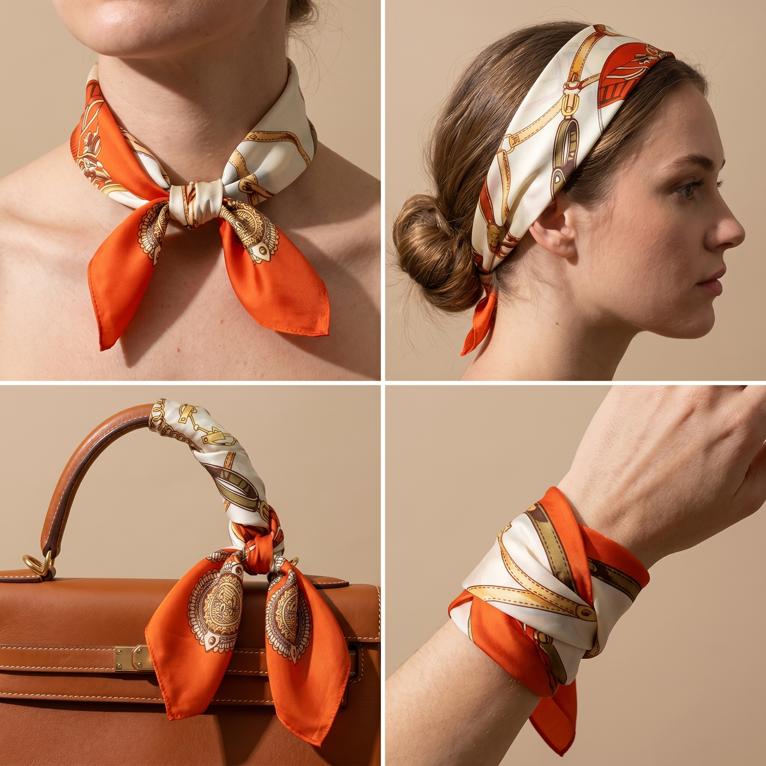 Roselys Paris foulard femme crème orange baroque carré satiné 70x70 cm, en bandeau dans les cheveux