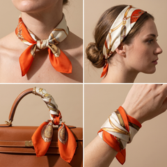 Roselys Paris foulard femme crème orange baroque carré satiné 70x70 cm, en bandeau dans les cheveux