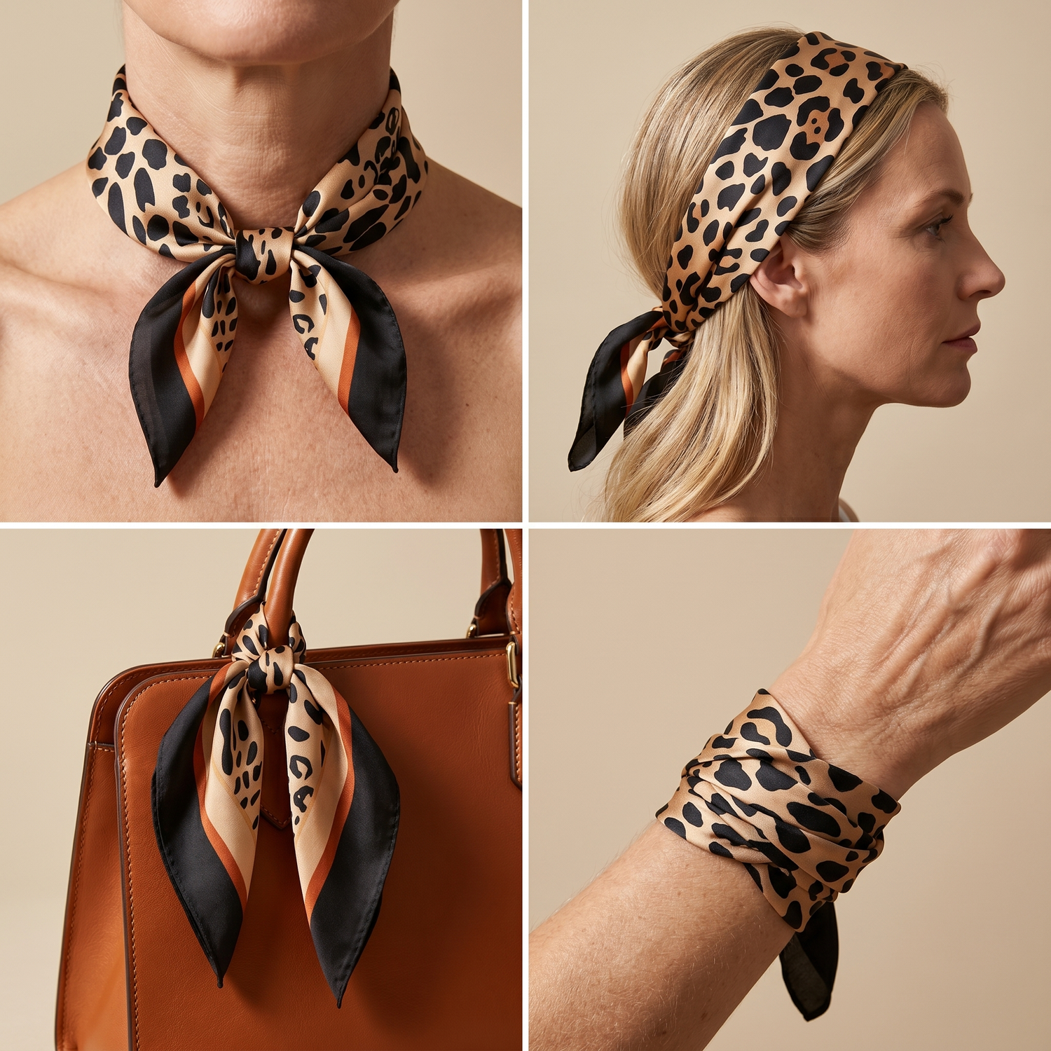 Roselys Paris foulard femme marron noir animalier carré satiné 70x70 cm, en bandeau dans les cheveux