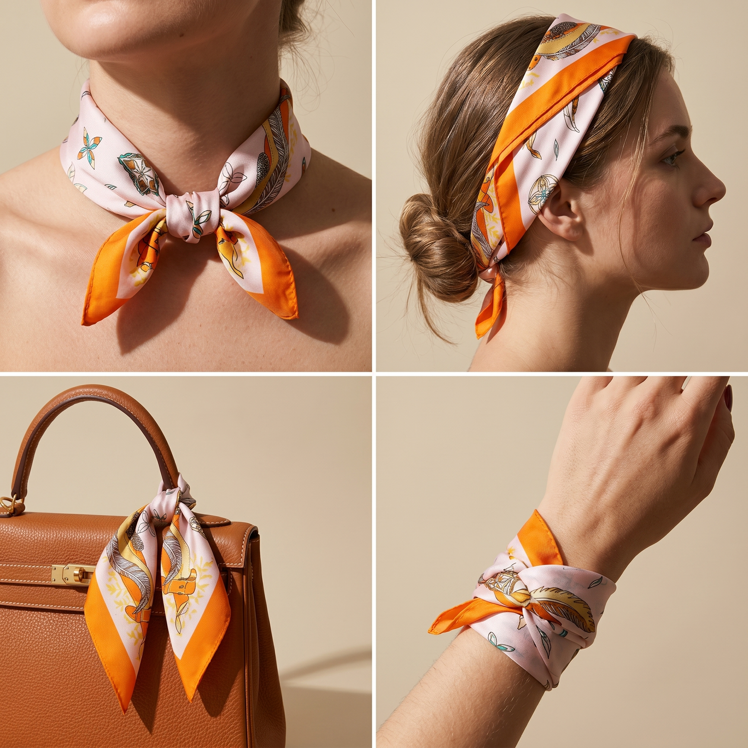 Roselys Paris foulard femme rose orange fleuri carré satiné 70x70 cm, en bandeau dans les cheveux