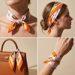Roselys Paris foulard femme rose orange fleuri carré satiné 70x70 cm, en bandeau dans les cheveux