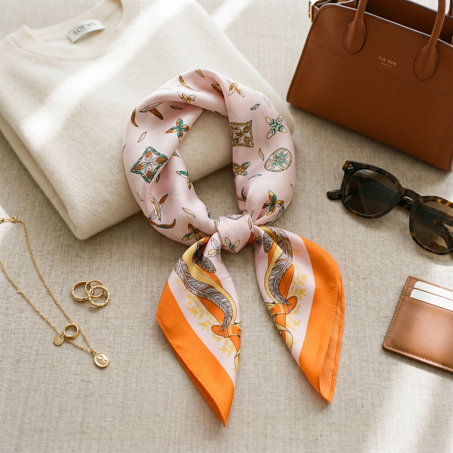 Roselys Paris foulard femme rose orange fleuri carré satiné 70x70 cm, porté au cou