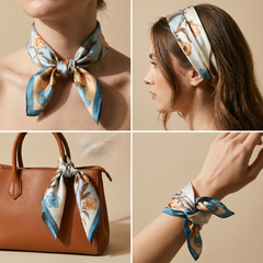 Roselys Paris foulard femme crème orange fleuri carré satiné 70x70 cm, en bandeau dans les cheveux