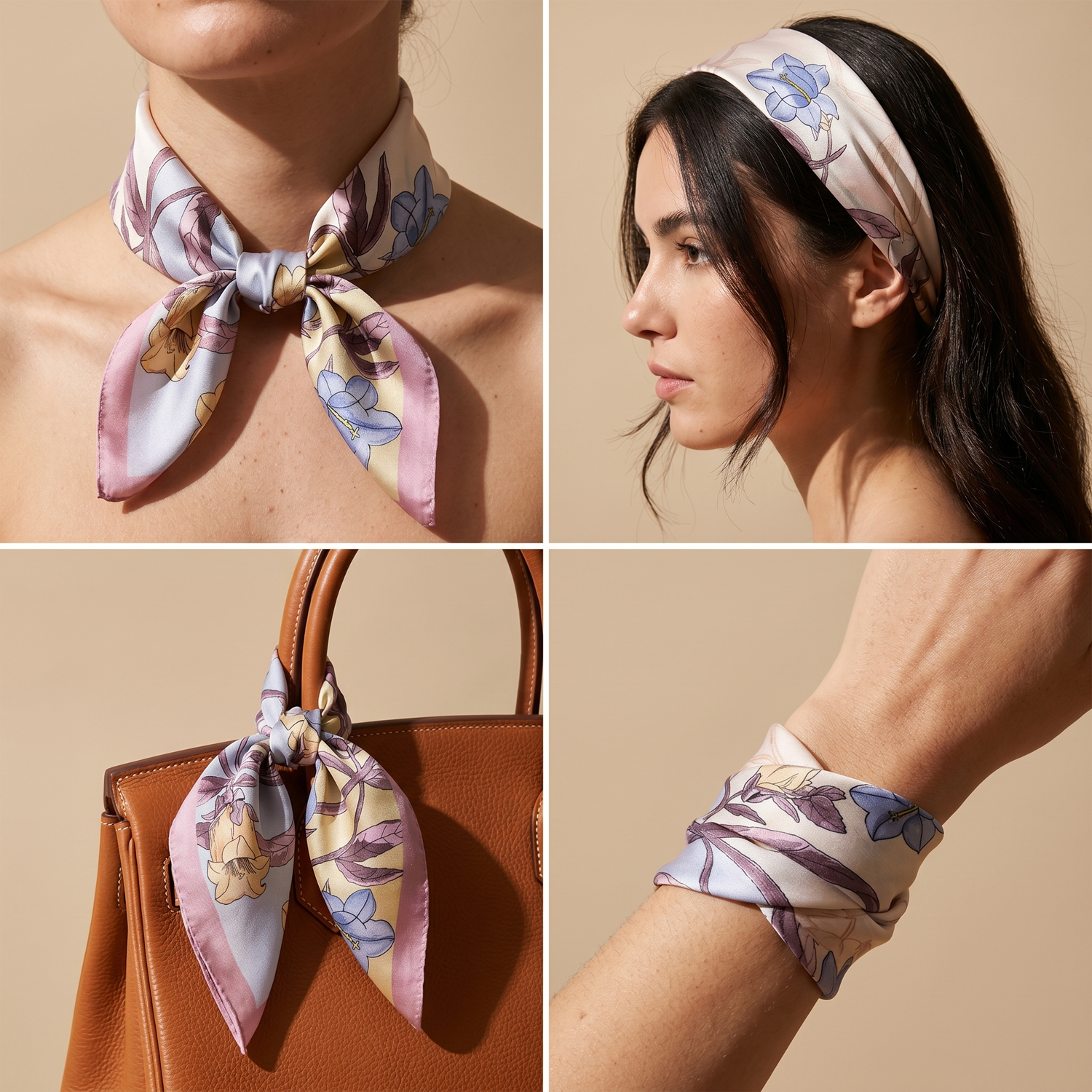 Roselys Paris foulard femme rose bleu ciel fleuri carré satiné 70x70 cm, en bandeau dans les cheveux