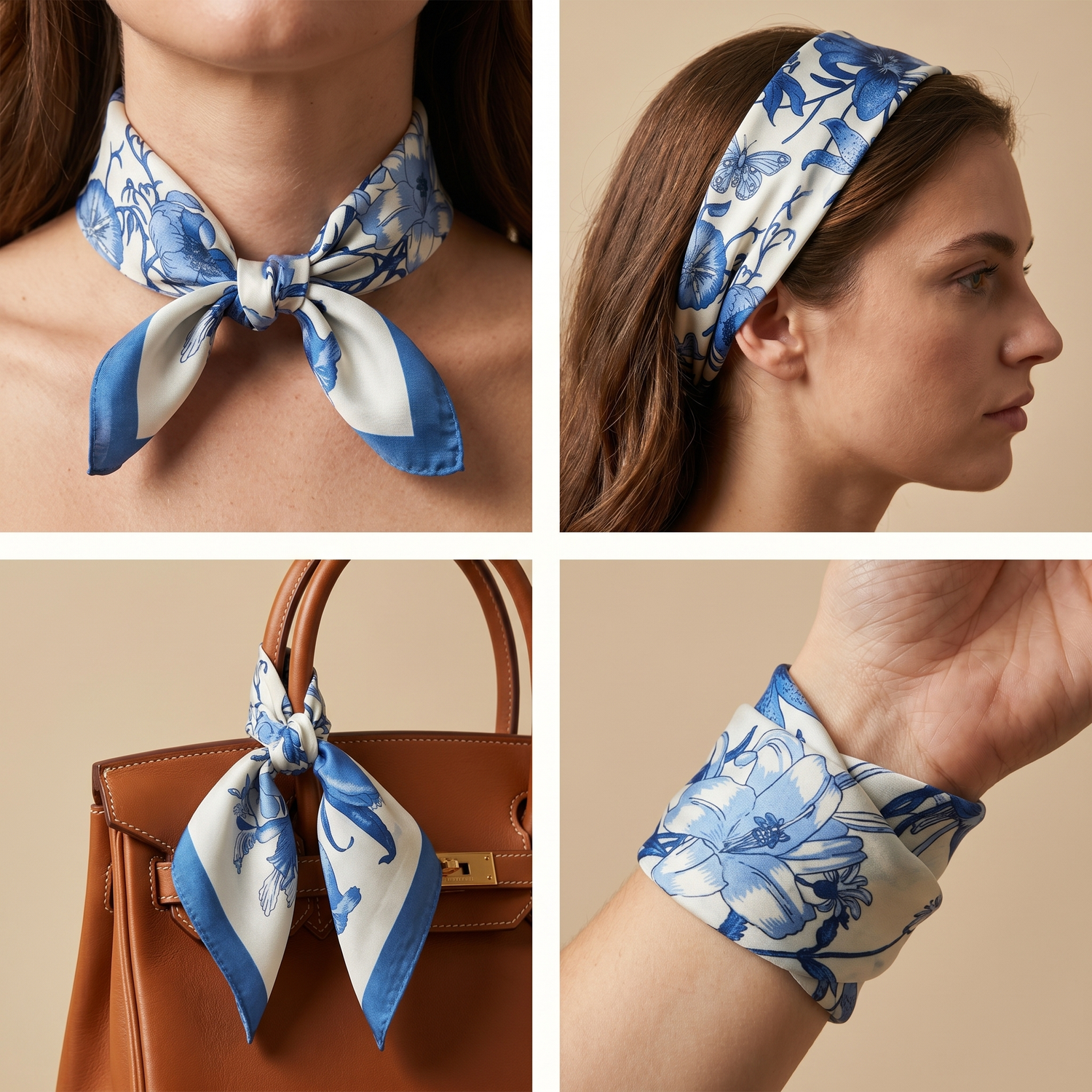 Roselys Paris foulard femme blanc bleu fleuri carré satiné 70x70 cm, en bandeau dans les cheveux