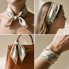 Roselys Paris foulard femme crème vert fleuri carré satiné 70x70 cm, en bandeau dans les cheveux