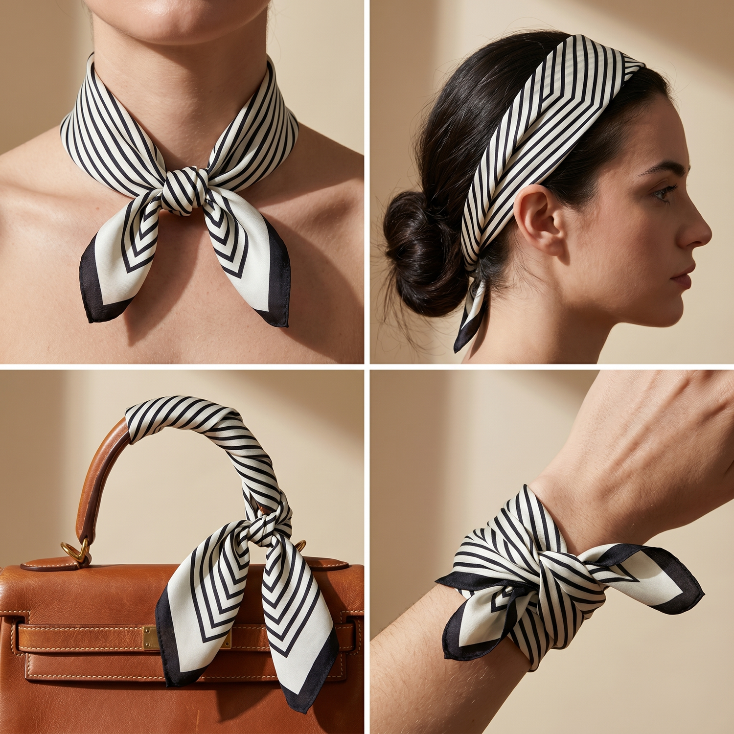 Roselys Paris foulard femme blanc noir géométrique carré satiné 70x70 cm, en bandeau dans les cheveux