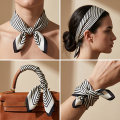 Roselys Paris foulard femme blanc noir géométrique carré satiné 70x70 cm, en bandeau dans les cheveux