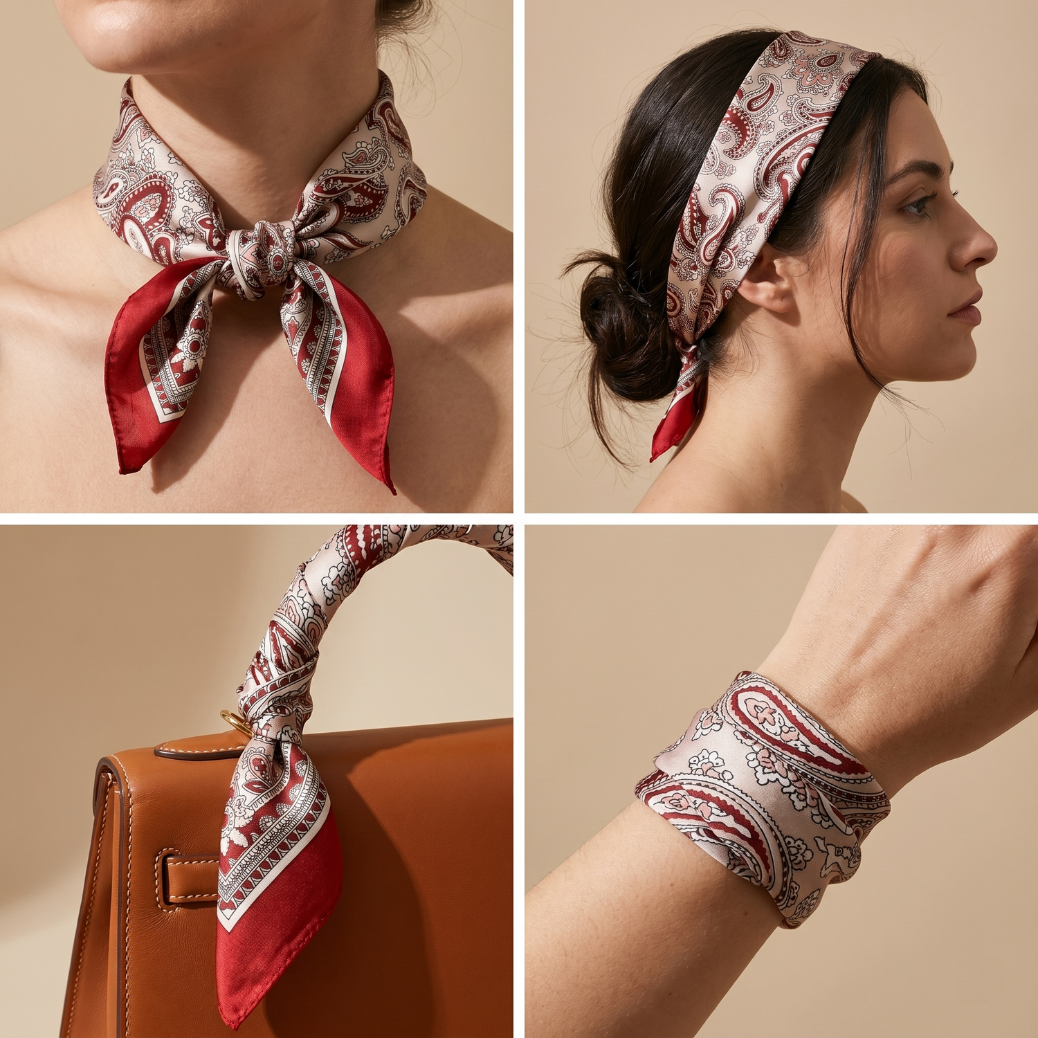 Roselys Paris foulard femme rouge crème paisley carré satiné 70x70 cm, en bandeau dans les cheveux