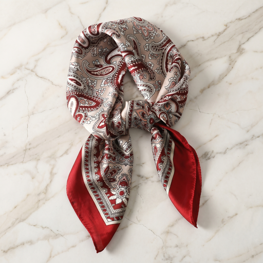 Roselys Paris foulard femme rouge crème paisley carré satiné 70x70 cm