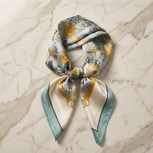 Roselys Paris foulard femme crème bleu fleuri carré satiné 70x70 cm