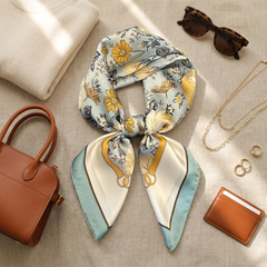 Roselys Paris foulard femme crème bleu fleuri carré satiné 70x70 cm, porté au cou