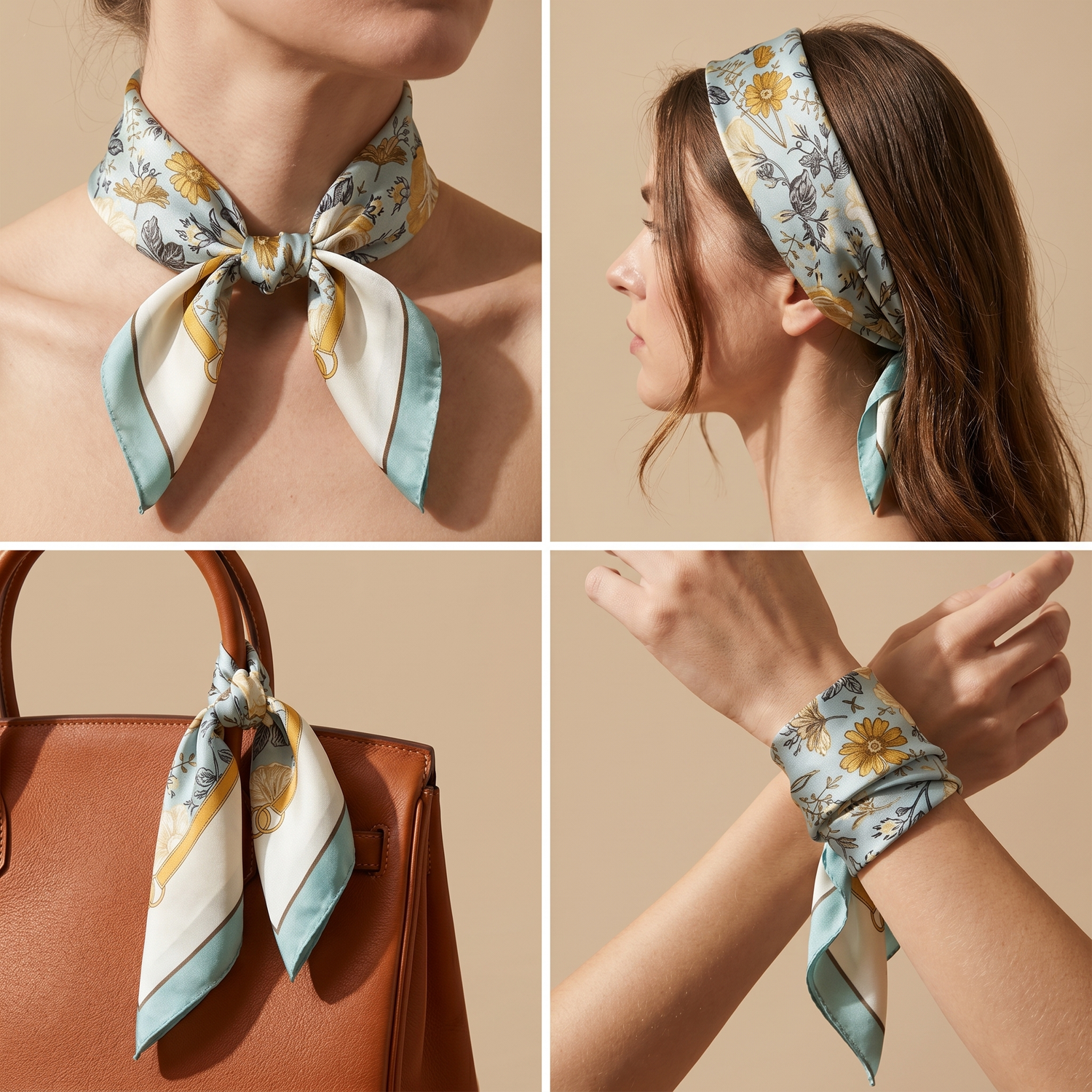 Roselys Paris foulard femme crème bleu fleuri carré satiné 70x70 cm, en bandeau dans les cheveux