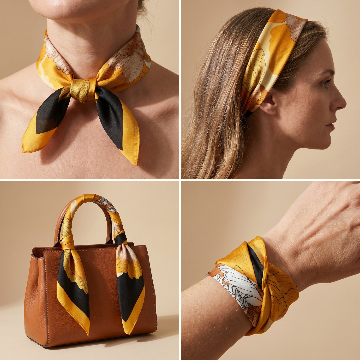 Roselys Paris foulard femme jaune noir abstrait carré satiné 70x70 cm, en bandeau dans les cheveux