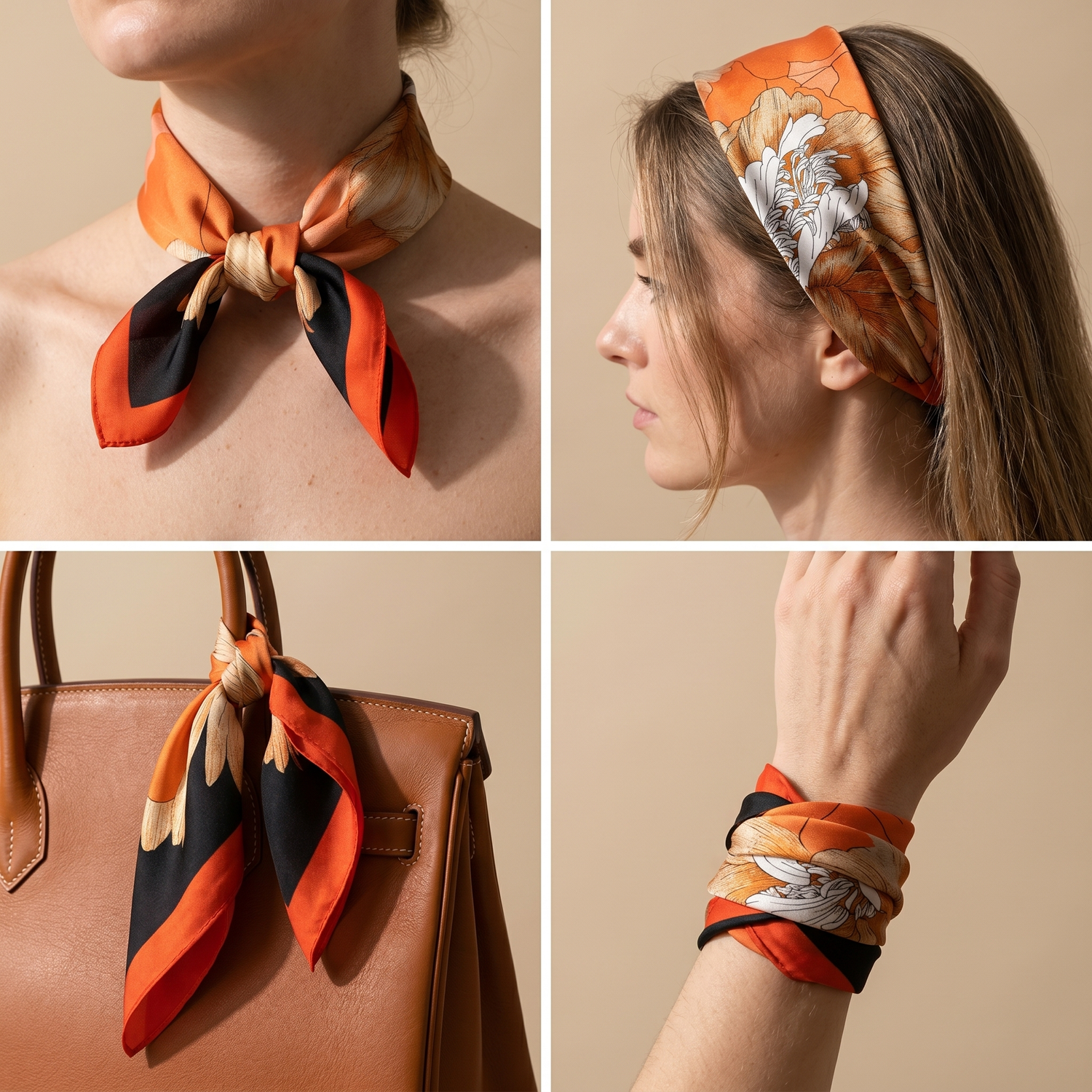 Roselys Paris foulard femme orange noir abstrait carré satiné 70x70 cm, en bandeau dans les cheveux