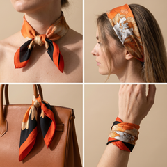 Roselys Paris foulard femme orange noir abstrait carré satiné 70x70 cm, en bandeau dans les cheveux