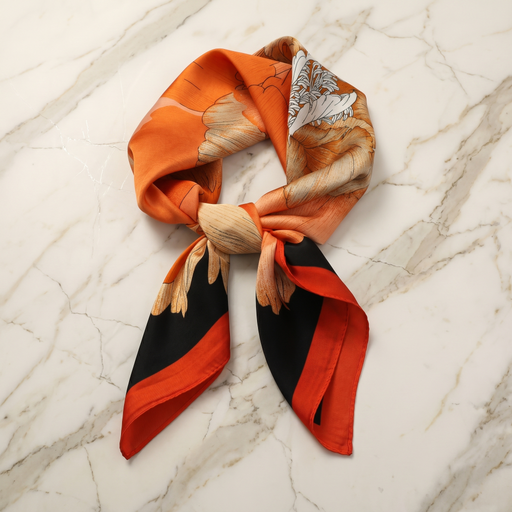 Roselys Paris foulard femme orange noir abstrait carré satiné 70x70 cm