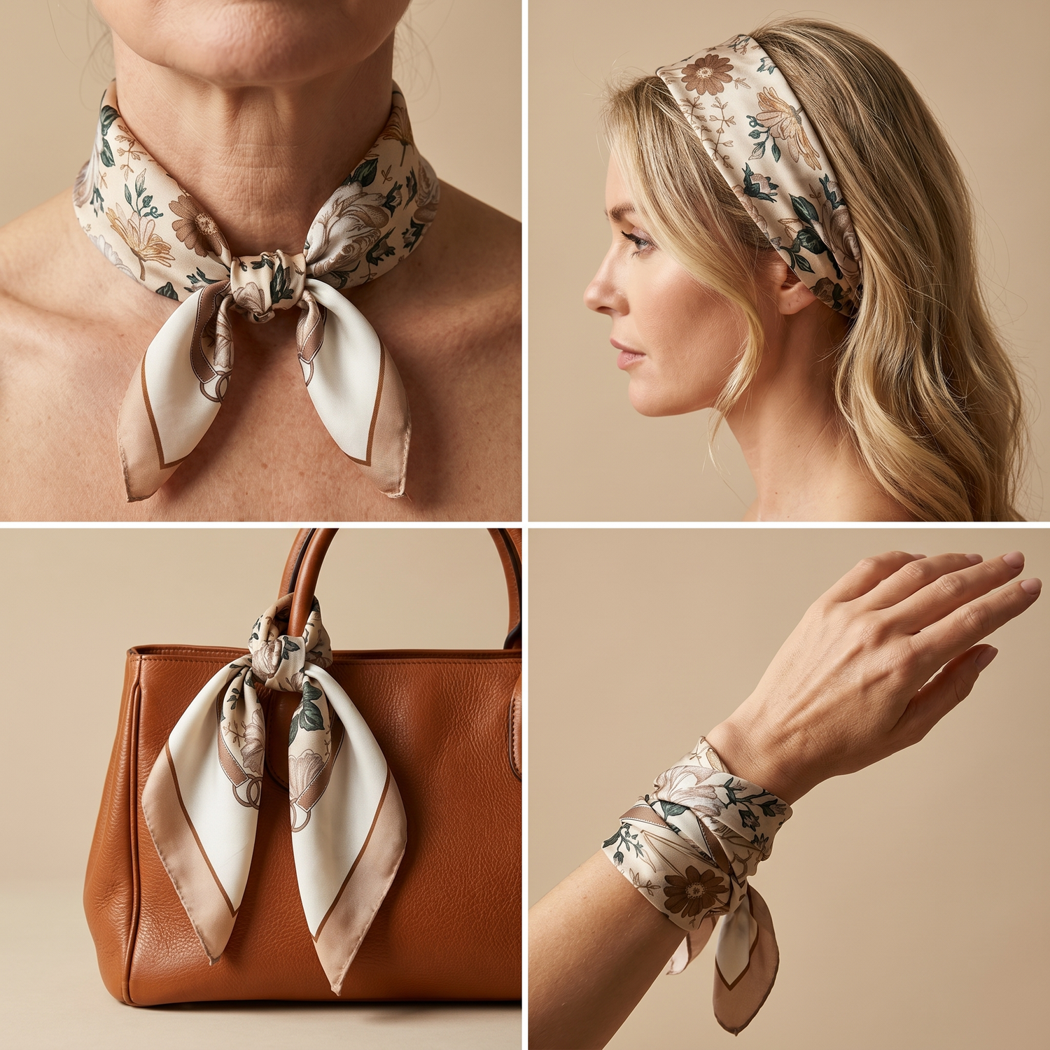 Roselys Paris foulard femme crème rose fleuri carré satiné 70x70 cm, en bandeau dans les cheveux