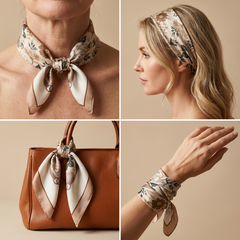 Roselys Paris foulard femme crème rose fleuri carré satiné 70x70 cm, en bandeau dans les cheveux