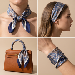 Roselys Paris foulard femme bleu blanc fleuri carré satiné 70x70 cm, en bandeau dans les cheveux