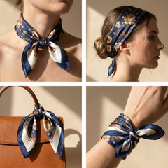 Roselys Paris foulard femme marine doré fleuri carré satiné 70x70 cm, en bandeau dans les cheveux