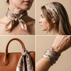 Roselys Paris foulard femme crème marron animalier carré satiné 70x70 cm, en bandeau dans les cheveux