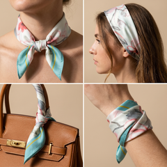 Roselys Paris foulard femme blanc bleu ciel fleuri carré satiné 70x70 cm, en bandeau dans les cheveux