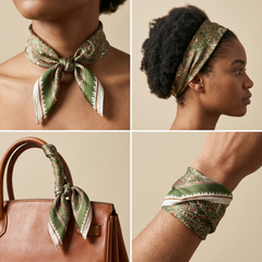 Roselys Paris foulard femme vert crème paisley carré satiné 70x70 cm, en bandeau dans les cheveux