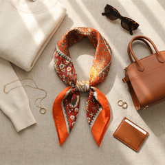 Roselys Paris foulard femme orange crème paisley carré satiné 70x70 cm, porté au cou
