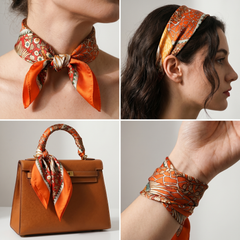 Roselys Paris foulard femme orange crème paisley carré satiné 70x70 cm, en bandeau dans les cheveux