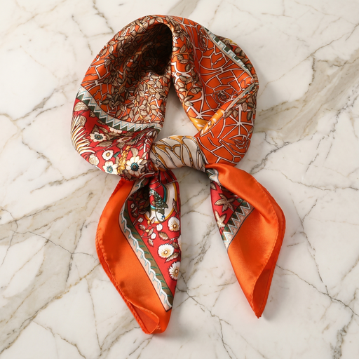Roselys Paris foulard femme orange crème paisley carré satiné 70x70 cm