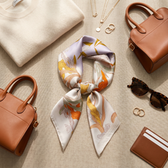 Roselys Paris foulard femme crème orange fleuri carré satiné 70x70 cm, porté au cou