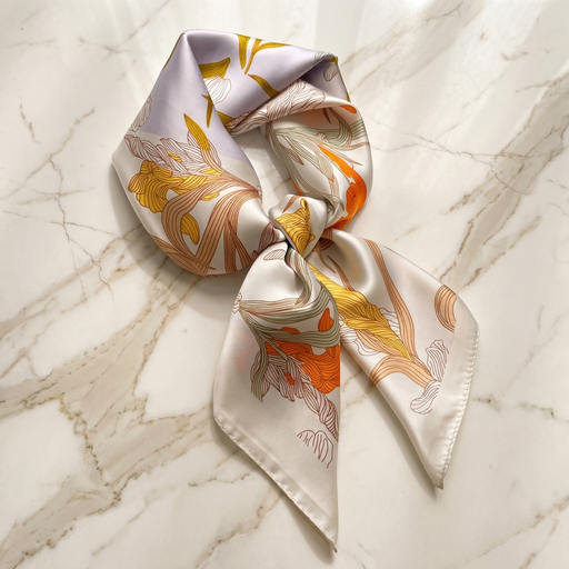 Roselys Paris foulard femme crème orange fleuri carré satiné 70x70 cm