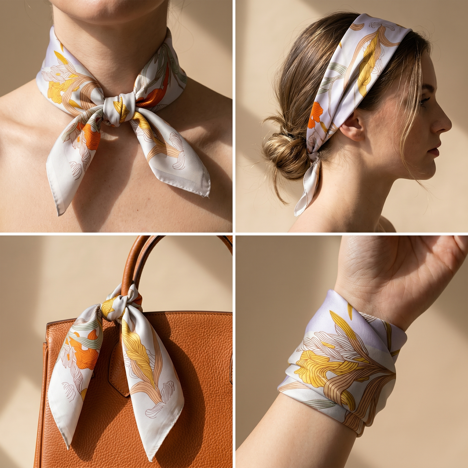 Roselys Paris foulard femme crème orange fleuri carré satiné 70x70 cm, en bandeau dans les cheveux