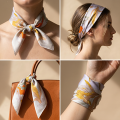 Roselys Paris foulard femme crème orange fleuri carré satiné 70x70 cm, en bandeau dans les cheveux