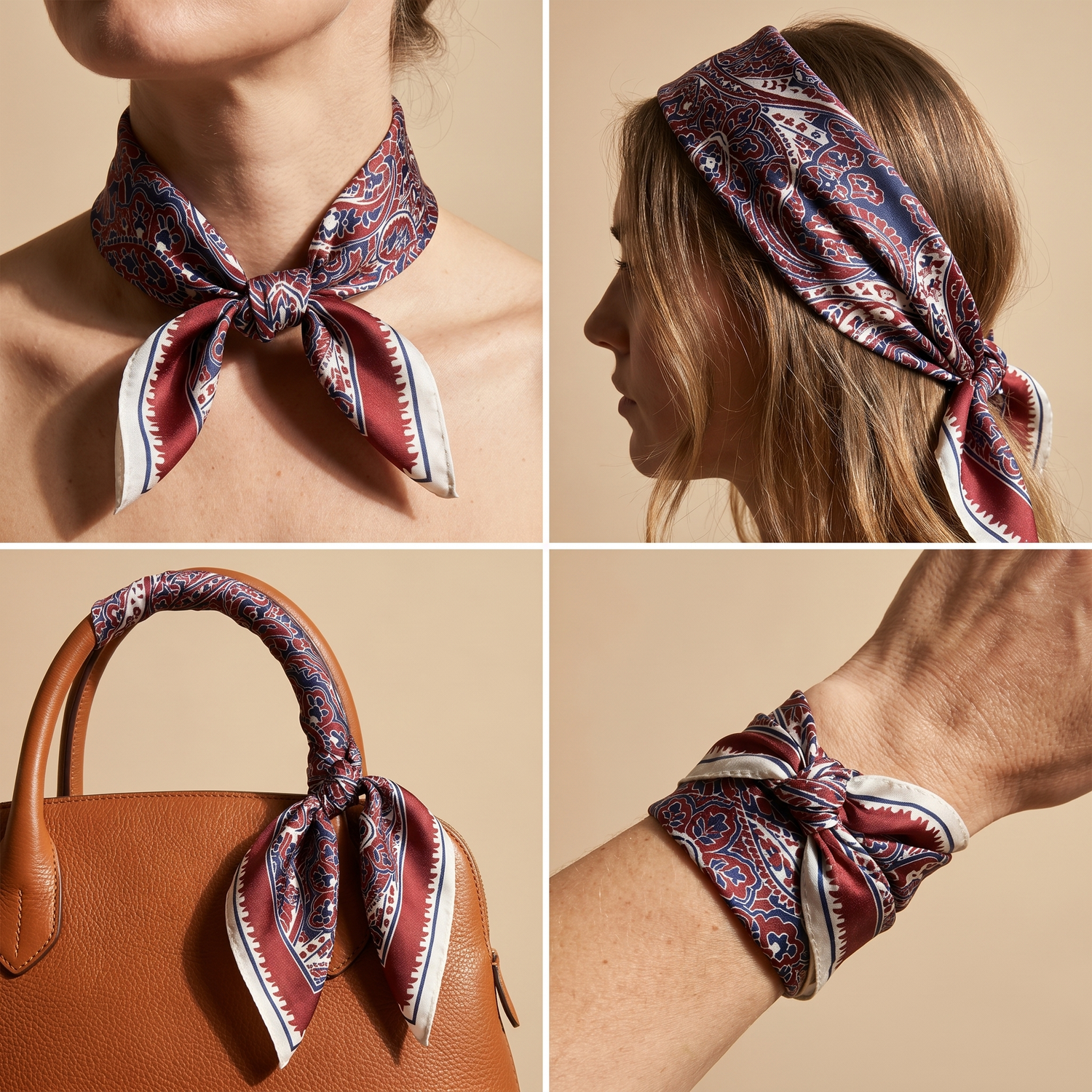 Roselys Paris foulard femme violet rouge paisley carré satiné 70x70 cm, en bandeau dans les cheveux