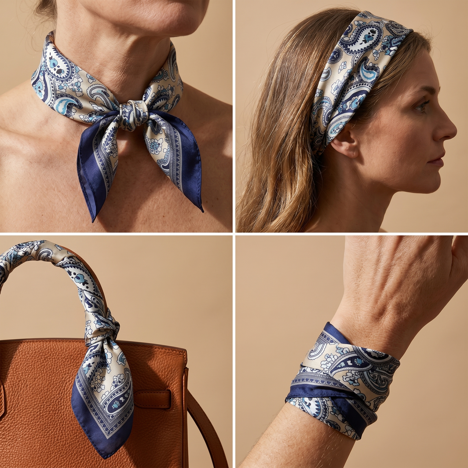 Roselys Paris foulard femme marine blanc paisley carré satiné 70x70 cm, en bandeau dans les cheveux