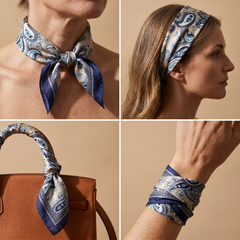 Roselys Paris foulard femme marine blanc paisley carré satiné 70x70 cm, en bandeau dans les cheveux
