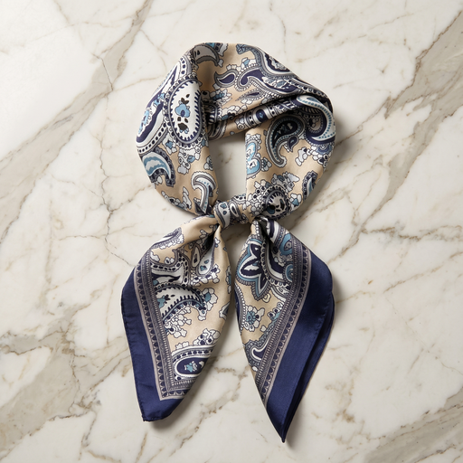Roselys Paris foulard femme marine blanc paisley carré satiné 70x70 cm