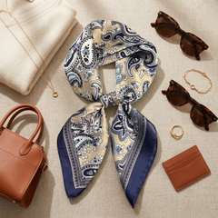Roselys Paris foulard femme marine blanc paisley carré satiné 70x70 cm, porté au cou