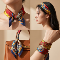 Roselys Paris foulard femme rouge bleu baroque carré satiné 70x70 cm, en bandeau dans les cheveux