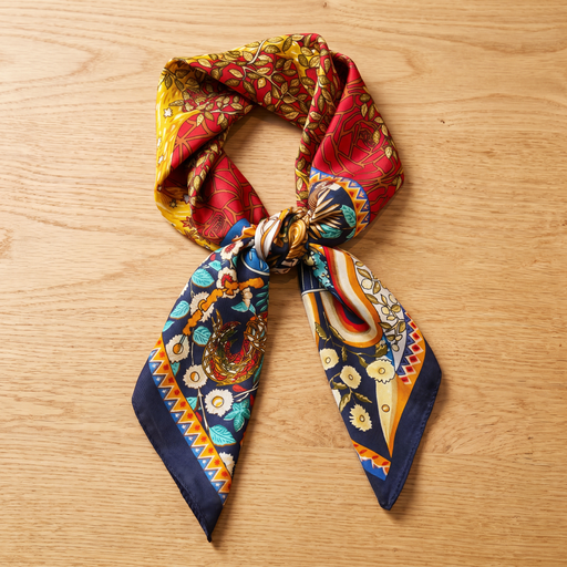 Roselys Paris foulard femme rouge bleu baroque carré satiné 70x70 cm
