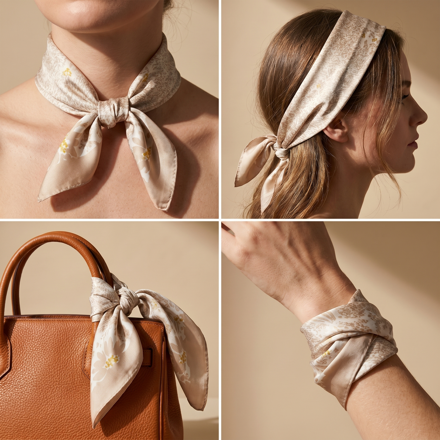 Roselys Paris foulard femme doré beige abstrait carré satiné 70x70 cm, en bandeau dans les cheveux
