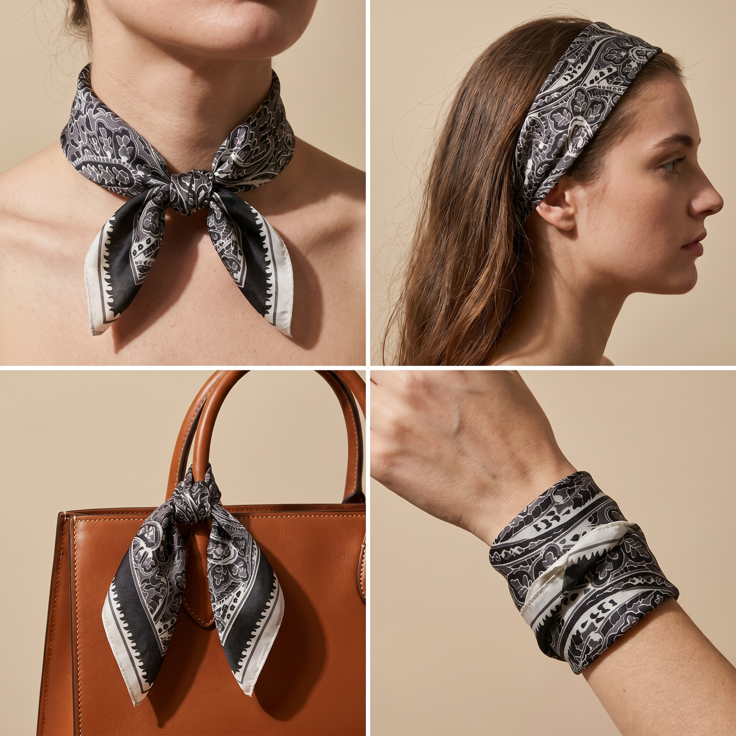 Roselys Paris foulard femme noir gris paisley carré satiné 70x70 cm, en bandeau dans les cheveux