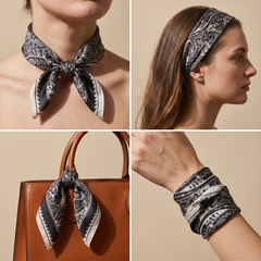 Roselys Paris foulard femme noir gris paisley carré satiné 70x70 cm, en bandeau dans les cheveux