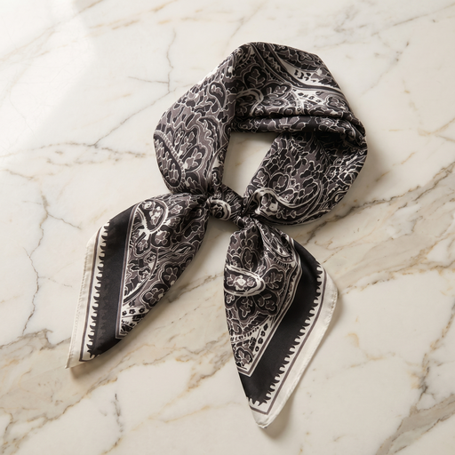 Roselys Paris foulard femme noir gris paisley carré satiné 70x70 cm