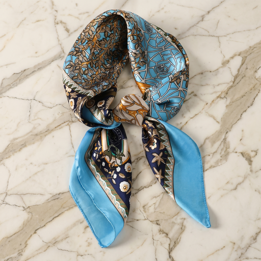 Roselys Paris foulard femme bleu doré baroque carré satiné 70x70 cm